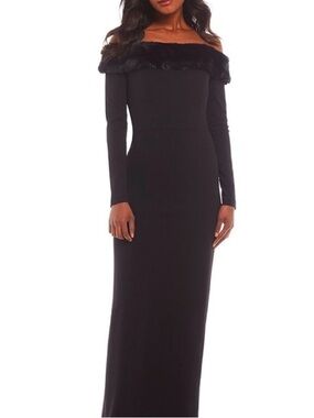 Calvin Kline Off the Shoulder Faux Fur Trim Black Long Sleeve Dress Gown